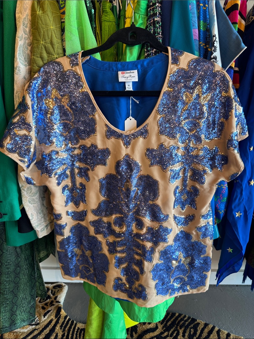 Tracy Reese Tan Short Sleeve Top with Blue and Gold Sequin Motif